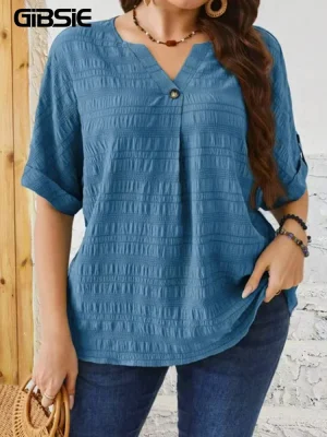 Plus Size Solid Buttoned Notch‑Neck Half‑Sleeve Casual Blouse – Summer 2025