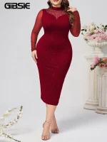 Plus Size Mock-Neck Long Sleeve Mesh Glitter Bodycon Evening Dress