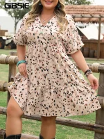 GIBSIE Plus Size V-Neck Short Sleeve Loose Print Dress Women 2025 Summer High-waisted Casual Ruffle Hem A-line Mini Dresses