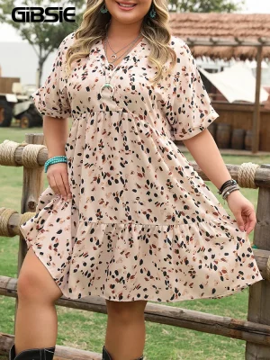 GIBSIE Plus Size V-Neck Short Sleeve Loose Print Dress Women 2025 Summer High-waisted Casual Ruffle Hem A-line Mini Dresses