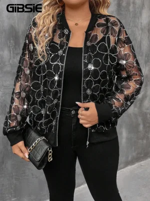 Plus Size Sheer Sequin Zip Jacket