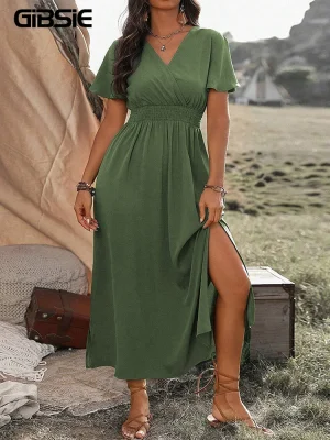 Plus Size V-Neck Short Sleeve A-Line Split Maxi Dress