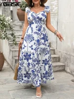 Plus Size Ruffle Maxi Dress – Sweetheart Neck, Bow Tie Back, Boho Print