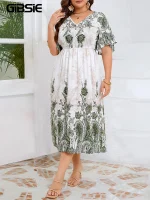 Plus Size V-Neck Butterfly Sleeve Printed Maxi Dress