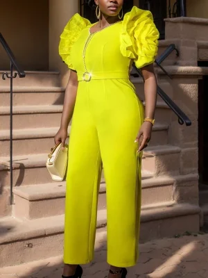 Elegant Beaded Jumpsuit with 3D Flowers – Short Sleeve One-Piece for Office & Events