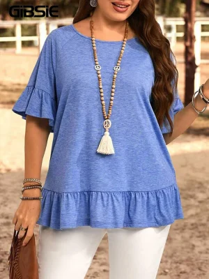 Plus Size Solid O-Neck Ruffle Hem Casual T-Shirt – Loose Summer Top