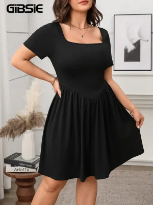 Plus Size Square Neck Black Mini Dress – Summer A-Line Casual Slim Fit