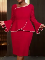 Elegant Red Plus Size Dress with Flare Sleeves & Beading