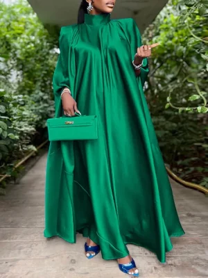Solid Satin Ruffle Abaya Maxi Dress – Modest One-Piece