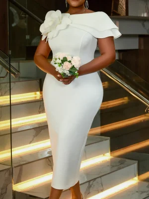 Elegant White 3D Floral Slim Fit Dress – Summer Retro Wedding & Evening Gown