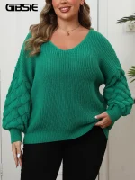 Plus Size V-Neck Drop Shoulder Long Sleeve Knitted Sweater