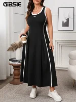Plus Size Contrast O-Neck Sleeveless A-Line Maxi Dress – Summer 2025