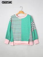 Plus Size Striped Slit Long Sleeve Sweatshirt