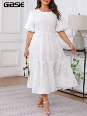 Plus Size Puff Sleeve Boho Maxi Dress – White, Ruffle Hem, Summer 2025