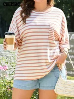 Plus-Size Striped Half-Sleeve Slit Pocket Knit Tee