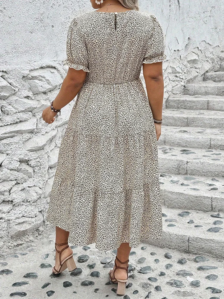 Plus Size Leopard Print Puff Sleeve Summer Maxi Dress - Image 2