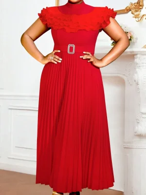 Red Formal Gown with Cape Sleeves & Ruffles