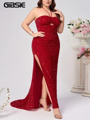 Plus Size Halter Neck Sequin Maxi Dress