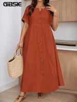 Plus Size V-Neck Cotton Linen Dress