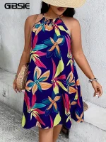 Plus Size Tie-Back Halter Sleeveless Beach Mini Dress