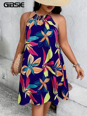 Plus Size Tie-Back Halter Sleeveless Beach Mini Dress