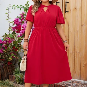 Plus Size Cut-Out Neck Ruffle Sleeve A-Line Dress