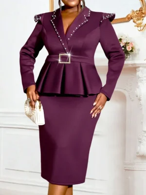 Elegant Beaded Gown with Peplum & Ruffles – Long Sleeve