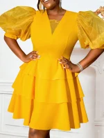 Tiered A-Line Dress with Sheer Lantern Sleeves