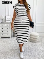 Plus Size Striped Raglan Crew Neck Drawstring Split Dress