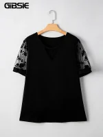 Plus Size Sheer Mesh Sleeve O-Neck Top