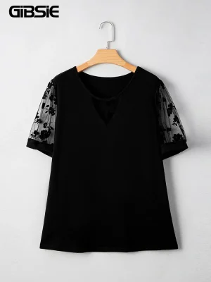 Plus Size Sheer Mesh Sleeve O-Neck Top