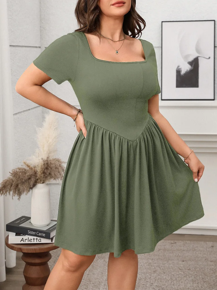 Plus Size Square Neck Black Mini Dress – Summer A-Line Casual Slim Fit - Image 3