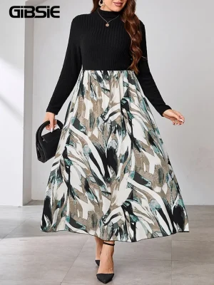 Plus‑Size Mock‑Neck Rib‑Knit Printed Maxi Dress – Spring/Fall 2025