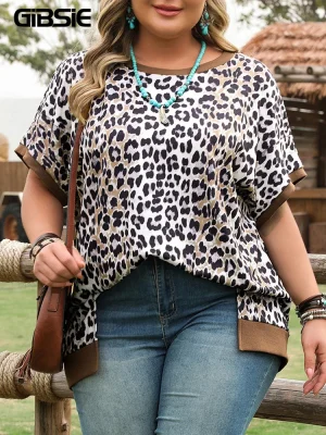 Plus Size Leopard Print O-Neck T-Shirt