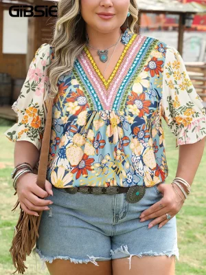 Plus Size Boho V-Neck Blouse – Summer Casual