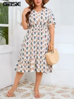 Plus Size Printed Ruffle Hem V-Neck Midi Dress – Summer Casual A-Line