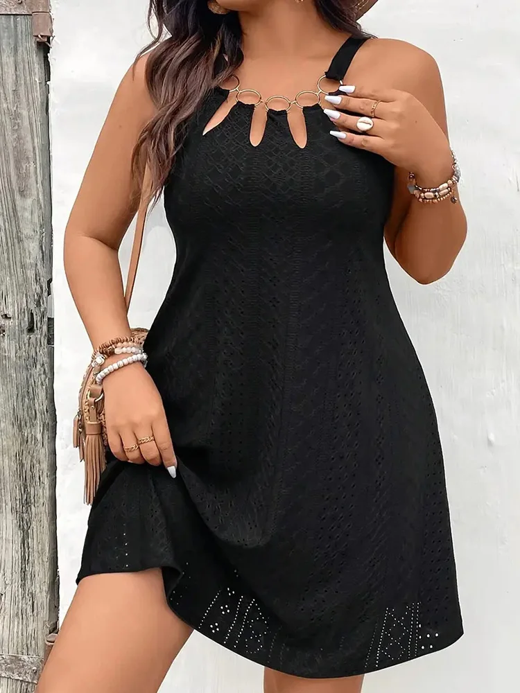 Plus-Size Black O-Ring Cutout Sleeveless Mini Dress - Image 3