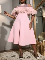 Women’s Pink A-Line Cocktail Dress – Cold Shoulder, Beaded Mesh & Feather Detail