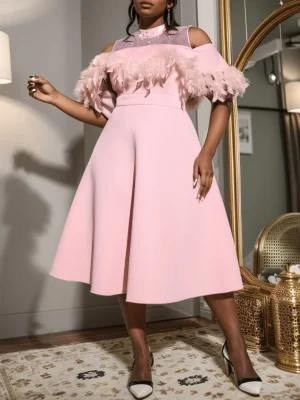 Women’s Pink A-Line Cocktail Dress – Cold Shoulder, Beaded Mesh & Feather Detail
