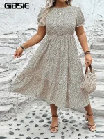 Plus Size Leopard Print Puff Sleeve Summer Maxi Dress