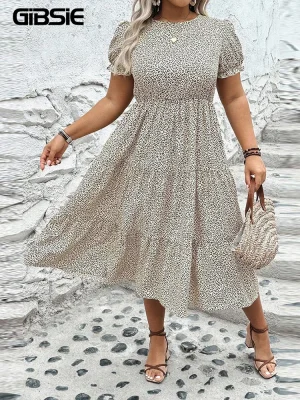 Plus Size Leopard Print Puff Sleeve Summer Maxi Dress