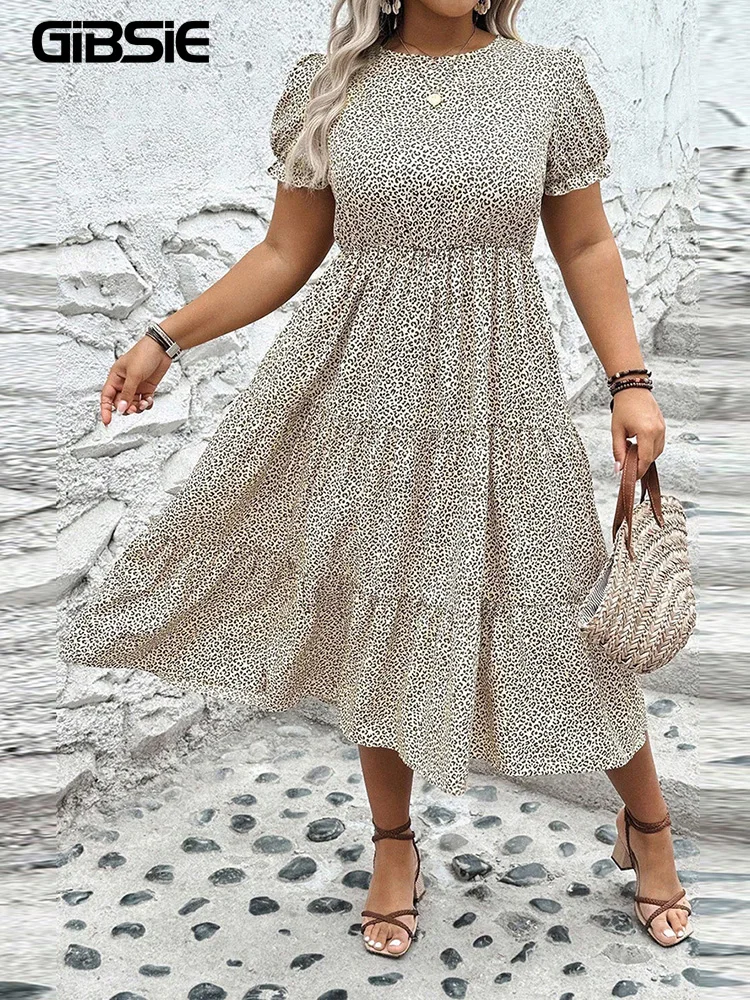 Plus Size Leopard Print Puff Sleeve Summer Maxi Dress