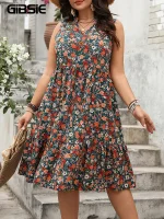 Plus Size Floral V‑Neck Sleeveless Midi – Boho Ruffle‑Hem Holiday Dress