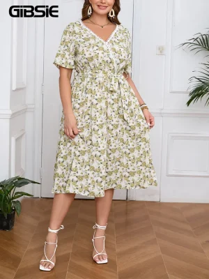 Plus Size Lace Trim Floral Belted Dress