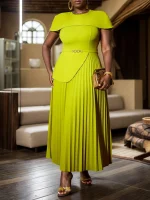 Elegant Ruffled A-Line Maxi Dress – Slim Fit, Short Sleeve Evening Gown