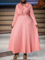 Women's Pink Sequin V-Neck Christmas Dress – Glitter High Waist A-Line Maxi with Pleated Skirt
