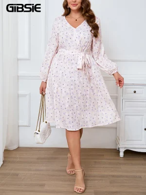 Plus Size Floral Belted V-Neck Midi Dress