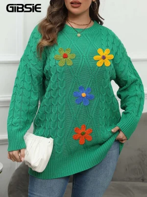 Plus Size Embroidered Flower Sweater