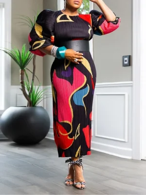 Printed Lantern Sleeve Loose Dress