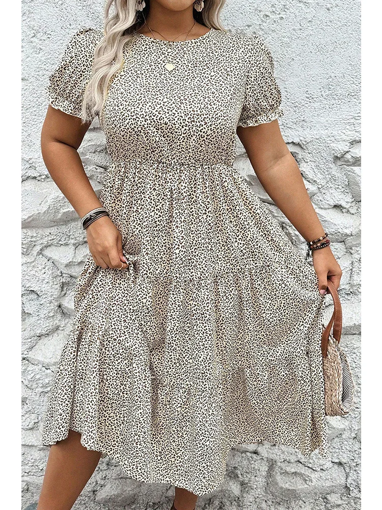 Plus Size Leopard Print Puff Sleeve Summer Maxi Dress - Image 3
